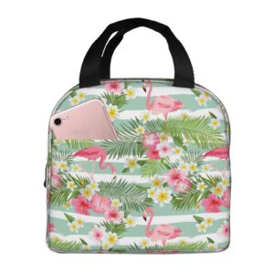 flamingo tropical flowers reusable insulated lunch bag for women men waterproof tote lunch box thermal cooler lunch tote bag for work office travel picnic