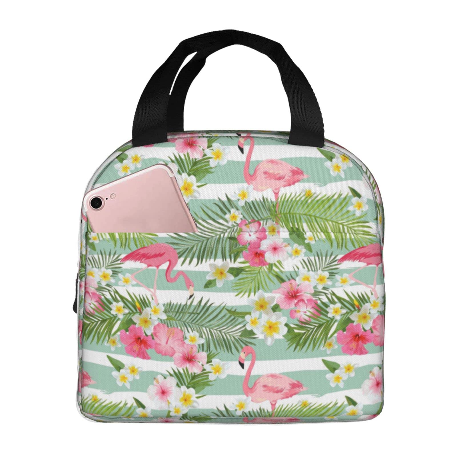 Flamingo Tropical Flowers Reusable Insulated Lunch Bag For Women Men Waterproof Tote Lunch Box Thermal Cooler Lunch Tote Bag For Work Office Travel Picnic