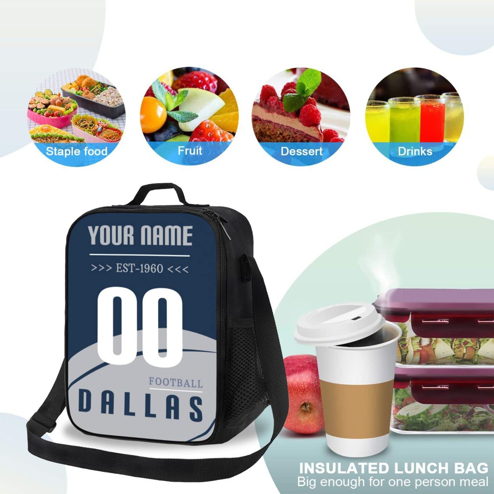 Quzeoxb Custom Dallas Lunch Bag, Personalized Insulated Lunch Box with Adjustable Strap Cooler Bag Gifts for Men Women