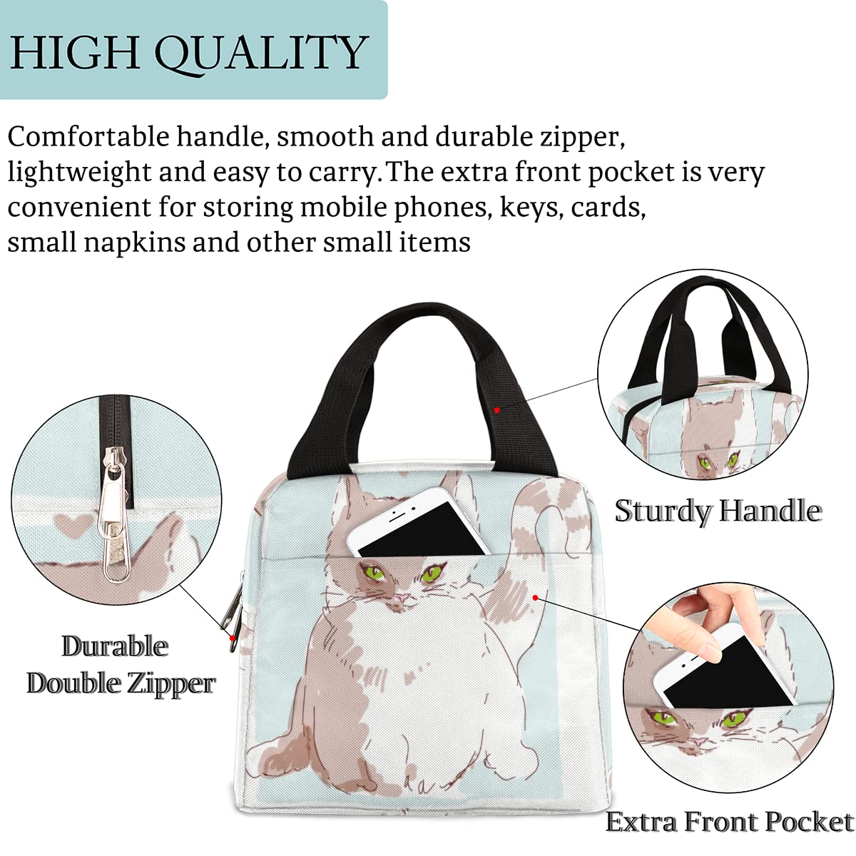 Cute Cats Pets Style Insulated Lunch Bag Women Reusable Lunch Tote Bag for Men Adult Leakproof Cooler Lunch Box for Work Office Picnic Travel