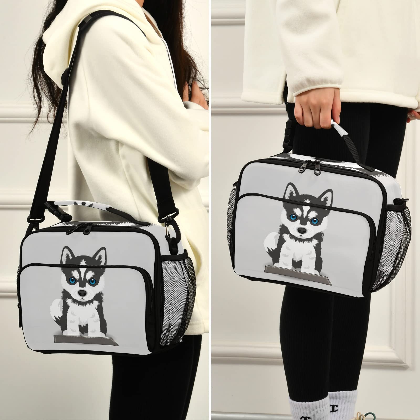 Pfrewn Dog Lunch Box for Kids Adults Siberian Husky Puppy Insulated Lunch Bag with Shoulder Strap Reusable Cooler Bags Lunch Tote for Office School Girls Boys Teens