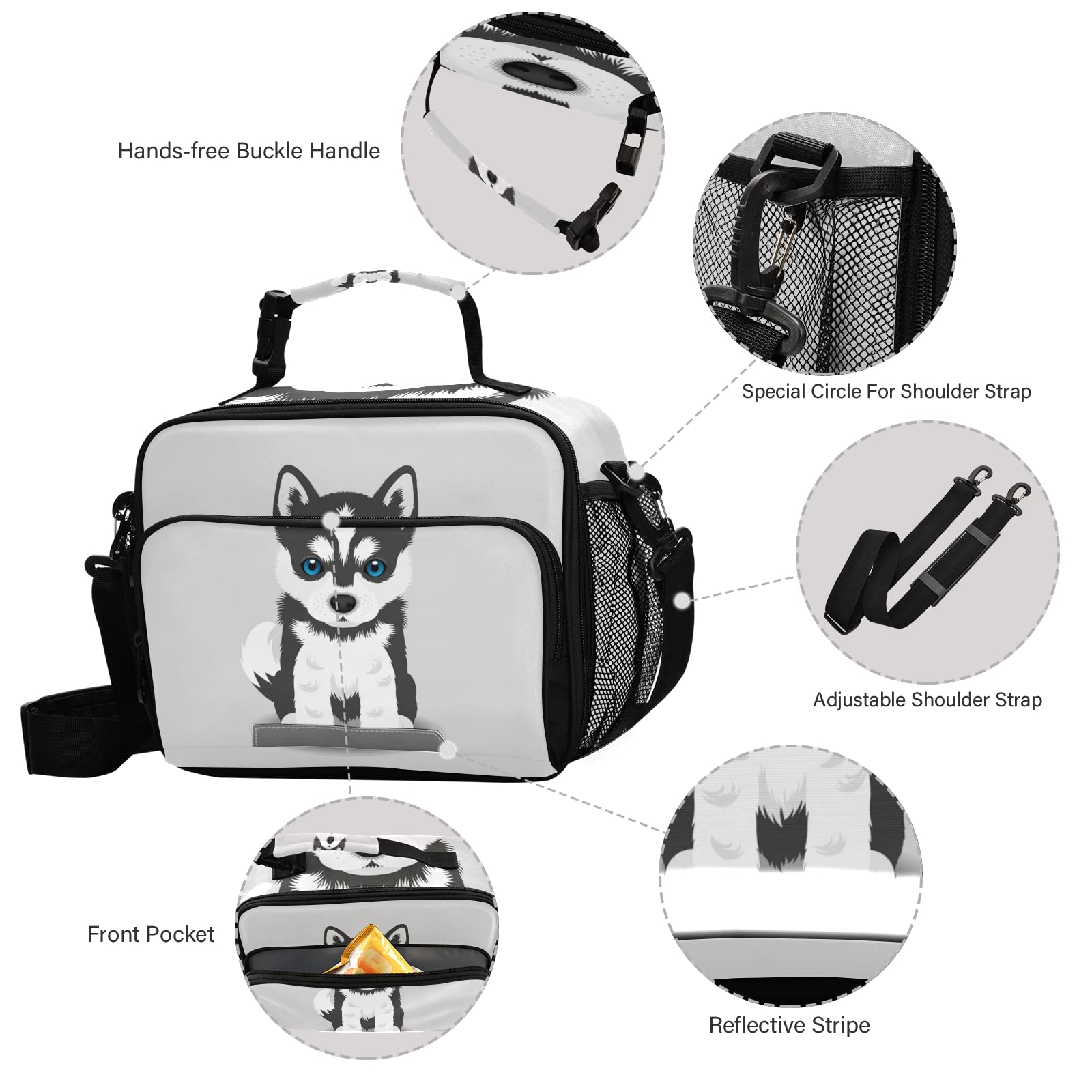 Pfrewn Dog Lunch Box for Kids Adults Siberian Husky Puppy Insulated Lunch Bag with Shoulder Strap Reusable Cooler Bags Lunch Tote for Office School Girls Boys Teens