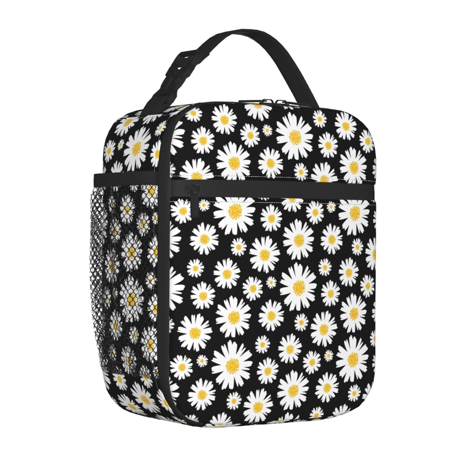 TEIKKIOP Daisy Floral Lunch Box for Girls Women Insulated Cooler Picnic Bag for School Office Thermal Reusable