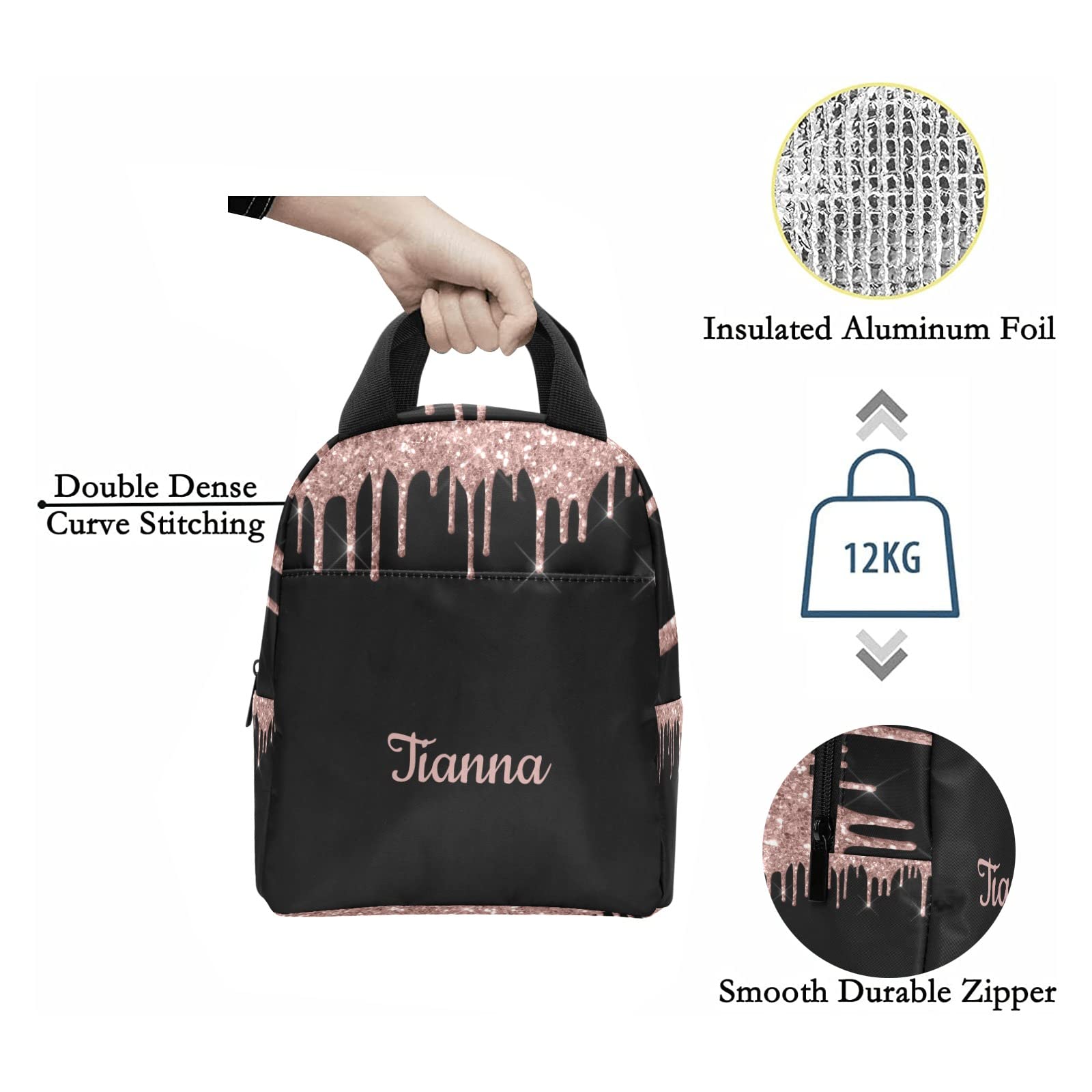 Rose Gold Drips Reusable Insulated Neoprene Lunch Tote Bag Cooler with 2 Pockets Custom Personalized Portable Lunchbox Handbag with Name for Gift