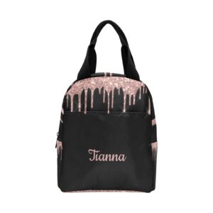 Rose Gold Drips Reusable Insulated Neoprene Lunch Tote Bag Cooler with 2 Pockets Custom Personalized Portable Lunchbox Handbag with Name for Gift