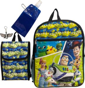 toy story large backpack 5 pc set w/ lunch box, keychain, collapsible water bottle, & carabiner metal clip (black-blue)