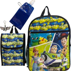 Toy Story Large Backpack 5 Pc Set W/ Lunch Box, Keychain, Collapsible Water Bottle, & carabiner Metal Clip (Black-Blue)