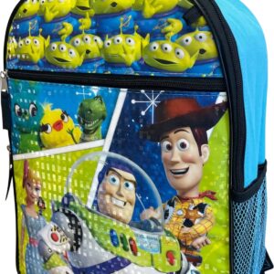 Toy Story Large Backpack 5 Pc Set W/ Lunch Box, Keychain, Collapsible Water Bottle, & carabiner Metal Clip (Black-Blue)