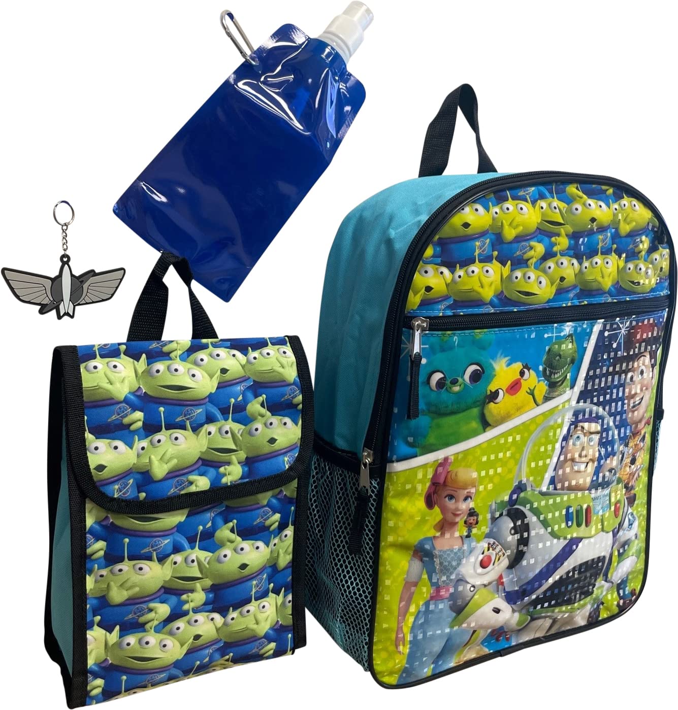 Toy Story Large Backpack 5 Pc Set W/ Lunch Box, Keychain, Collapsible Water Bottle, & carabiner Metal Clip (Black-Blue)