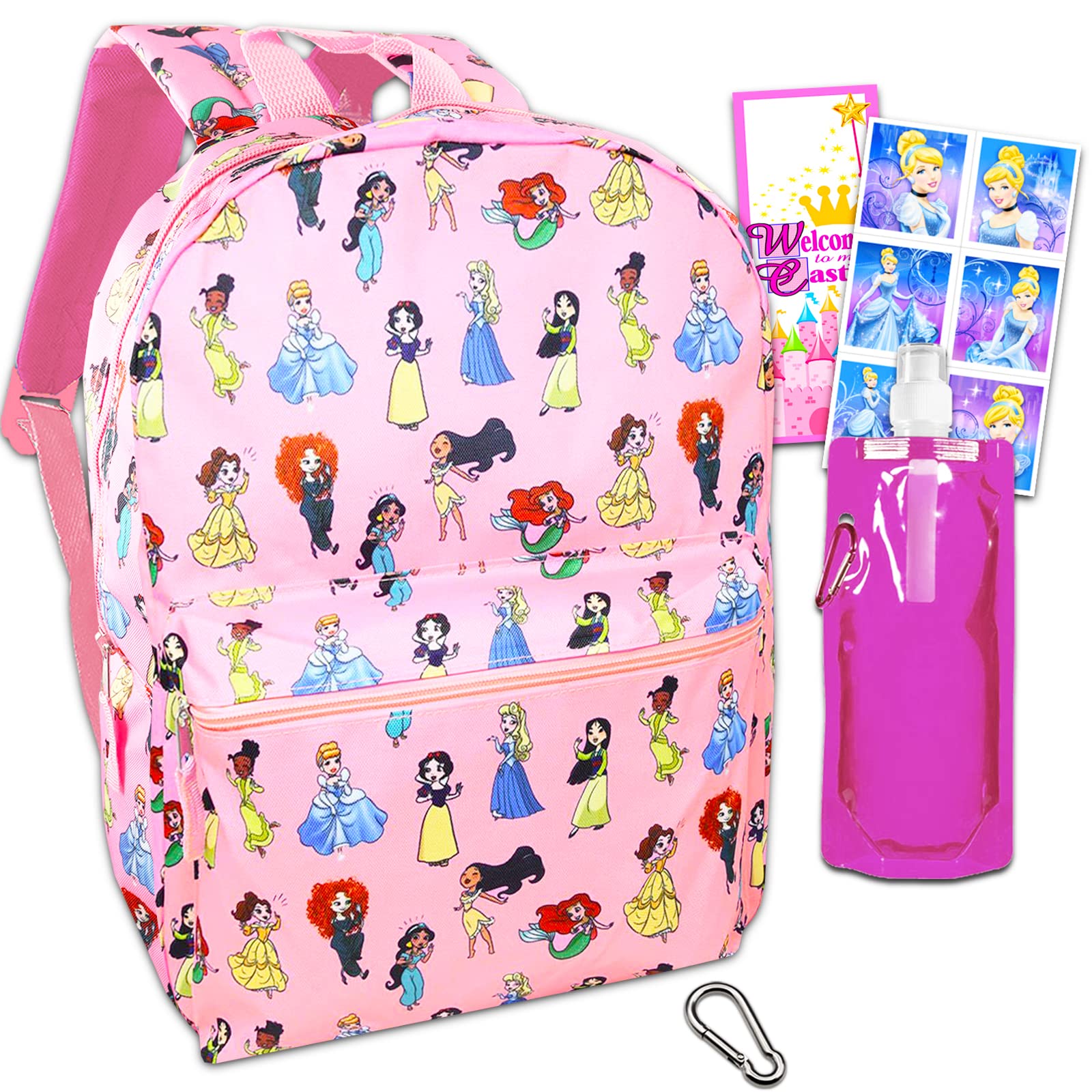 Disney Bundle Princess Backpack for Kids, Toddlers - Disney School Supplies Bundle with 16-'' Princess School Bag Plus Stickers, Water Bottle, & More (Princess Travel Bag)