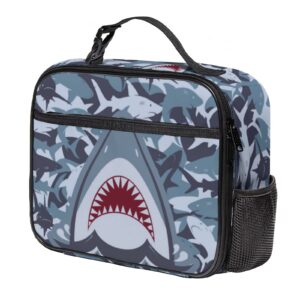 gtonpum lunch bag for boys girls, stylish reusable insulated box with side pocket, durable cooler lunch tote with detachable handle, 12 x 4 x 10 inch, grey shark