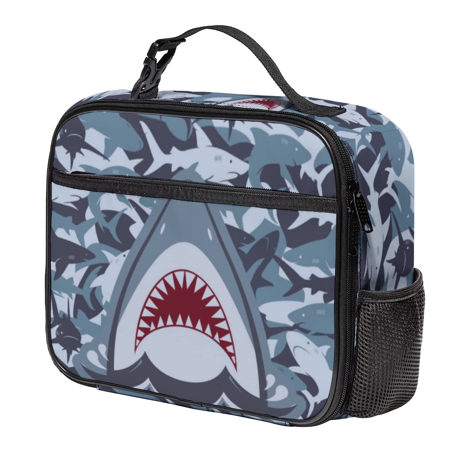 Gtonpum Lunch Bag for Boys Girls, Stylish Reusable Insulated Box with Side Pocket, Durable Cooler Lunch Tote with Detachable Handle, 12 x 4 x 10 Inch, Grey Shark