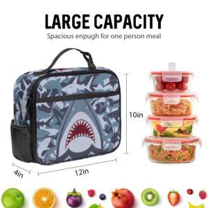 Gtonpum Lunch Bag for Boys Girls, Stylish Reusable Insulated Box with Side Pocket, Durable Cooler Lunch Tote with Detachable Handle, 12 x 4 x 10 Inch, Grey Shark