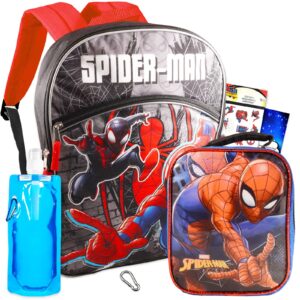 fast forward spiderman backpack and lunch box for kids - 6 pc bundle with 16" marvel spiderman school backpack bag, lunch bag, water pouch, stickers, and more (spiderman school supplies)