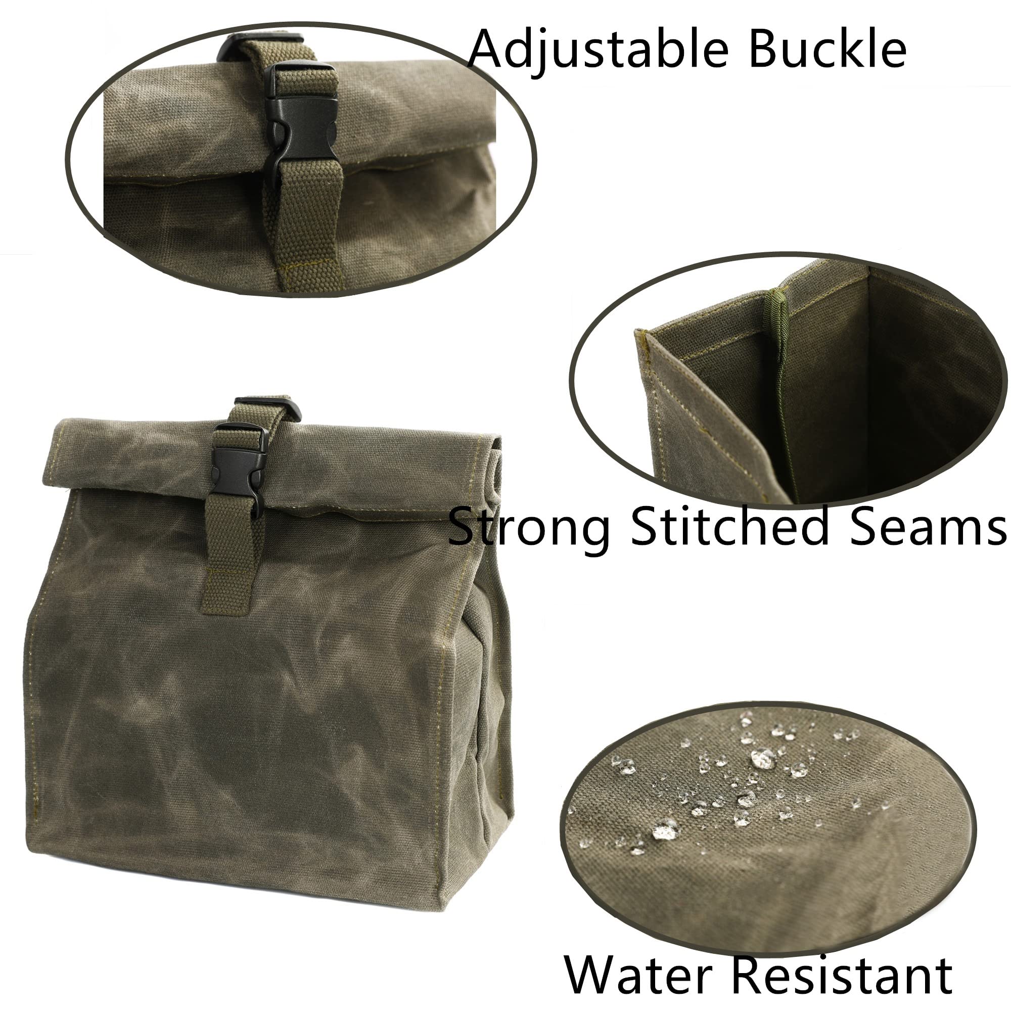 Denifiter Heavy Duty Waxed Canvas Reusable Lunch Bag, Hard Fabric, Durable, Quick Release Buckle (Army Green)