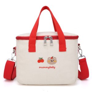 kawaii lunch bag cute embroidery lunch box reusable thermal cooler lunch tote bag for back to school supplies (red)