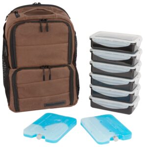 edc meal prep backpack by evolutionize - full meal management system - holds 6 meals - includes portion control meal prep containers + ice pack (backpack - 6 meal, brown (waxed canvas))