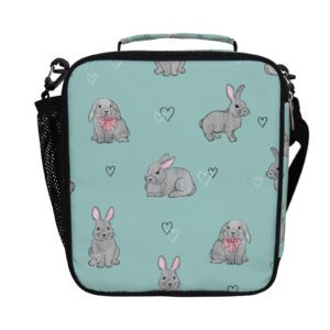 my daily rabbit heart insulated lunch bag, cute bunny portable lunch box for women adults reusable cooler tote with shoulder strap for office