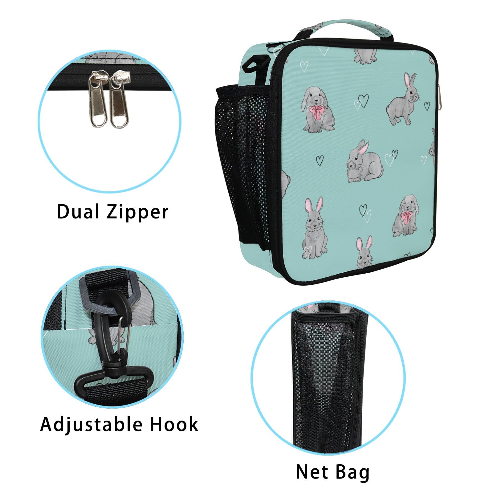 My Daily Rabbit Heart Insulated Lunch Bag, Cute Bunny Portable Lunch Box for Women Adults Reusable Cooler Tote with Shoulder Strap for Office