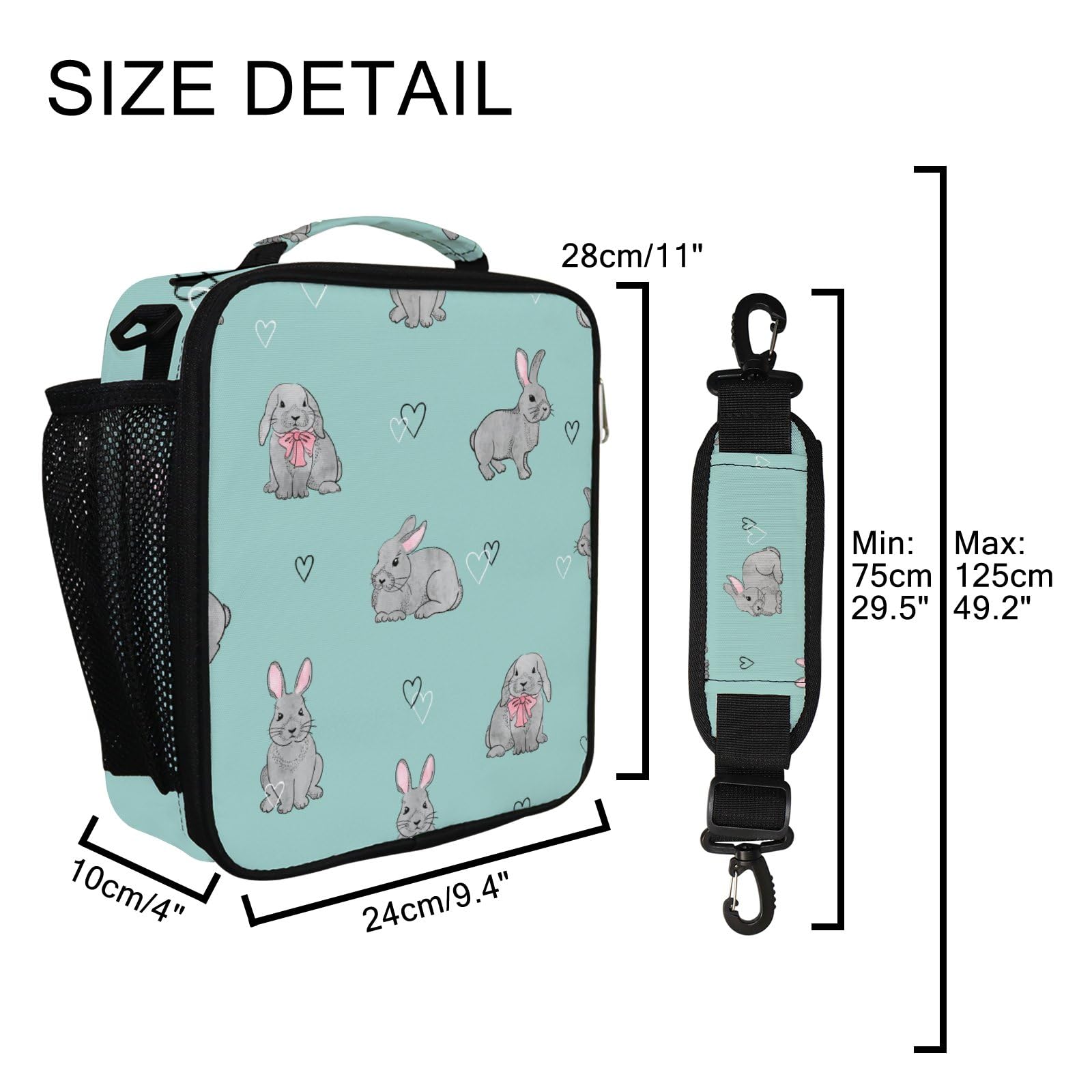 My Daily Rabbit Heart Insulated Lunch Bag, Cute Bunny Portable Lunch Box for Women Adults Reusable Cooler Tote with Shoulder Strap for Office