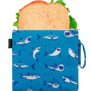 reusable sandwich bag/snack bag for kids & adults, dual layer lunch bag with handle, washable, food safe, bpa free (1-pack, shark)