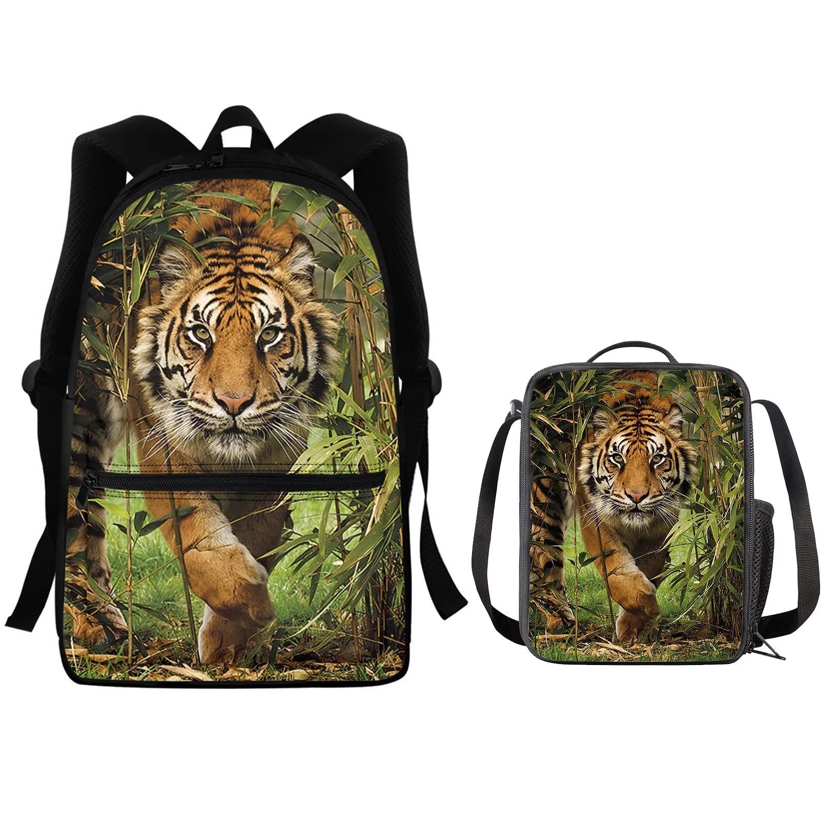 COEQINE Tiger Print Kid Backpacks & Lunch Box School Bag Bookbag Set Lunch Bag School Supplies for Travel Outdoor Hiking