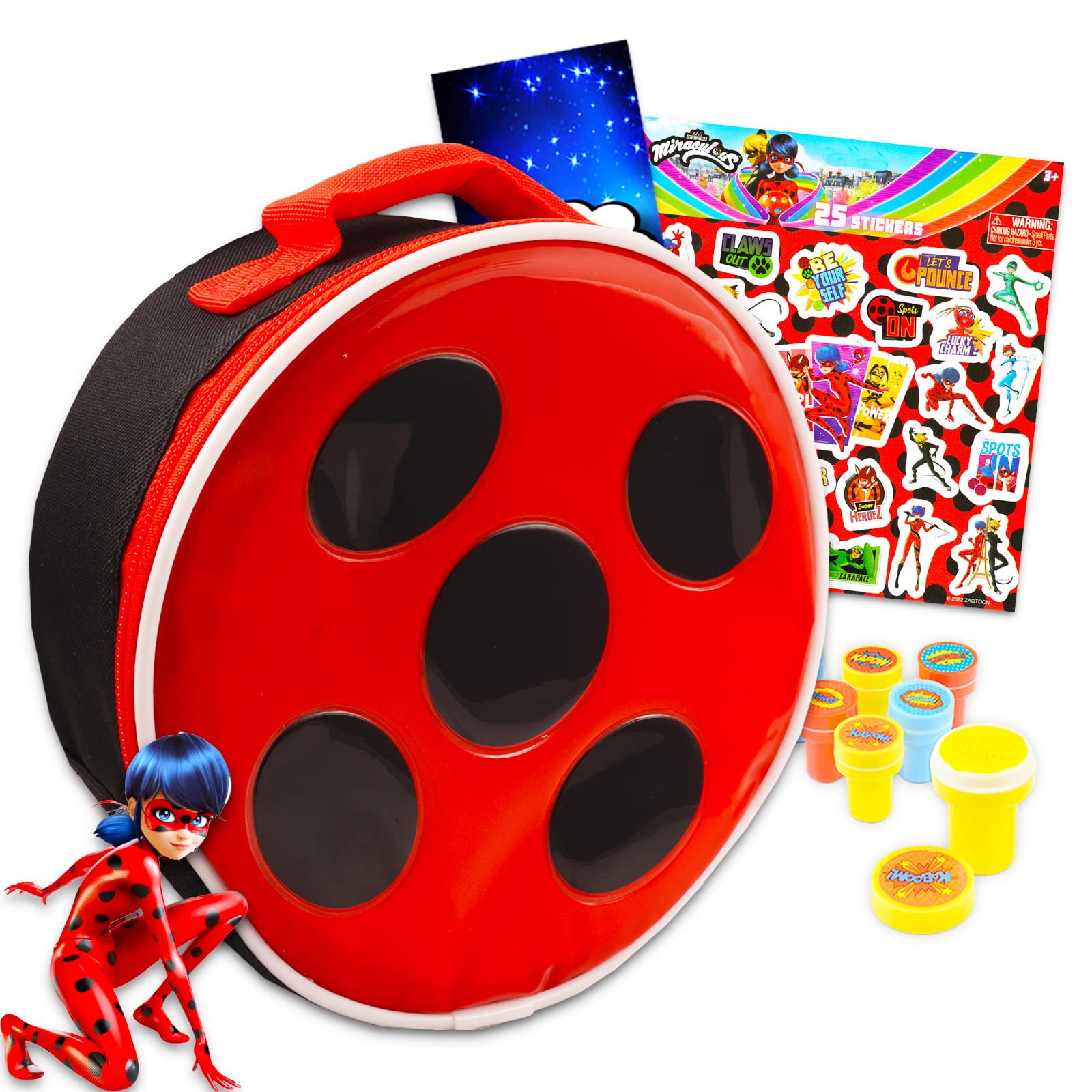 Miraculous Ladybug Lunch Box Set - Bundle with Round Miraculous Ladybug Insulated Lunch Bag with Miraculous Ladybug Stickers, Stampers, and More (Miraculous Ladybug School Supplies)