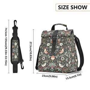 Oyihfvs William Morris Flowers Birds On Dark Leakproof Insulated Lunch Bag, Closure Cooler Lunchbox Bag Reusable Tote, Roll Top Detachable Shoulder Crossbody Lunch Box
