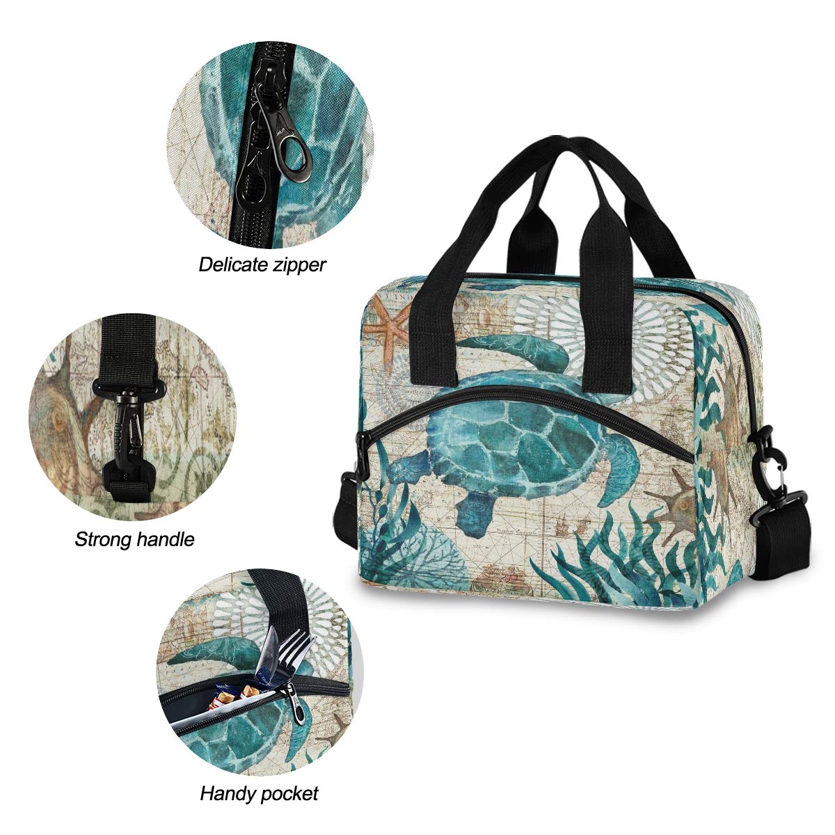 Toprint Sea Turtle Retro Lunch Bag, Oxford Material and Aluminum Film, 29x18x24cm, Unisex, 10+ Years