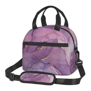 purple marble lunch bag women men insulated lunch box with adjustable strap zippered lunch tote bag for work picnic or beach water-resistant fabric with exterior pockets