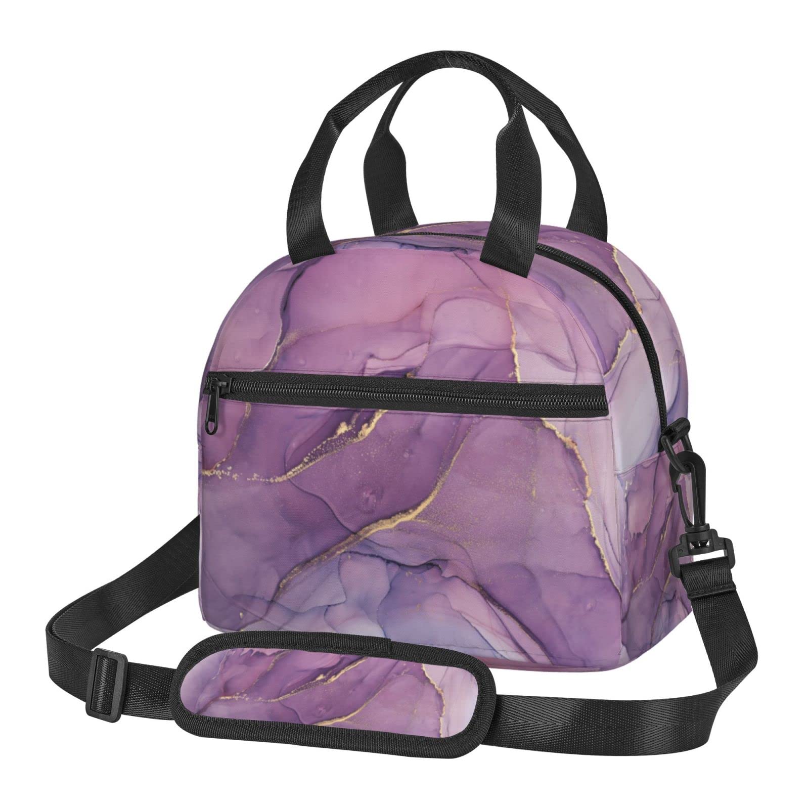 Purple Marble Lunch Bag Women Men Insulated Lunch Box With Adjustable Strap Zippered Lunch Tote Bag For Work Picnic Or Beach Water-Resistant Fabric With Exterior Pockets