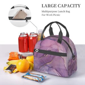 Purple Marble Lunch Bag Women Men Insulated Lunch Box With Adjustable Strap Zippered Lunch Tote Bag For Work Picnic Or Beach Water-Resistant Fabric With Exterior Pockets