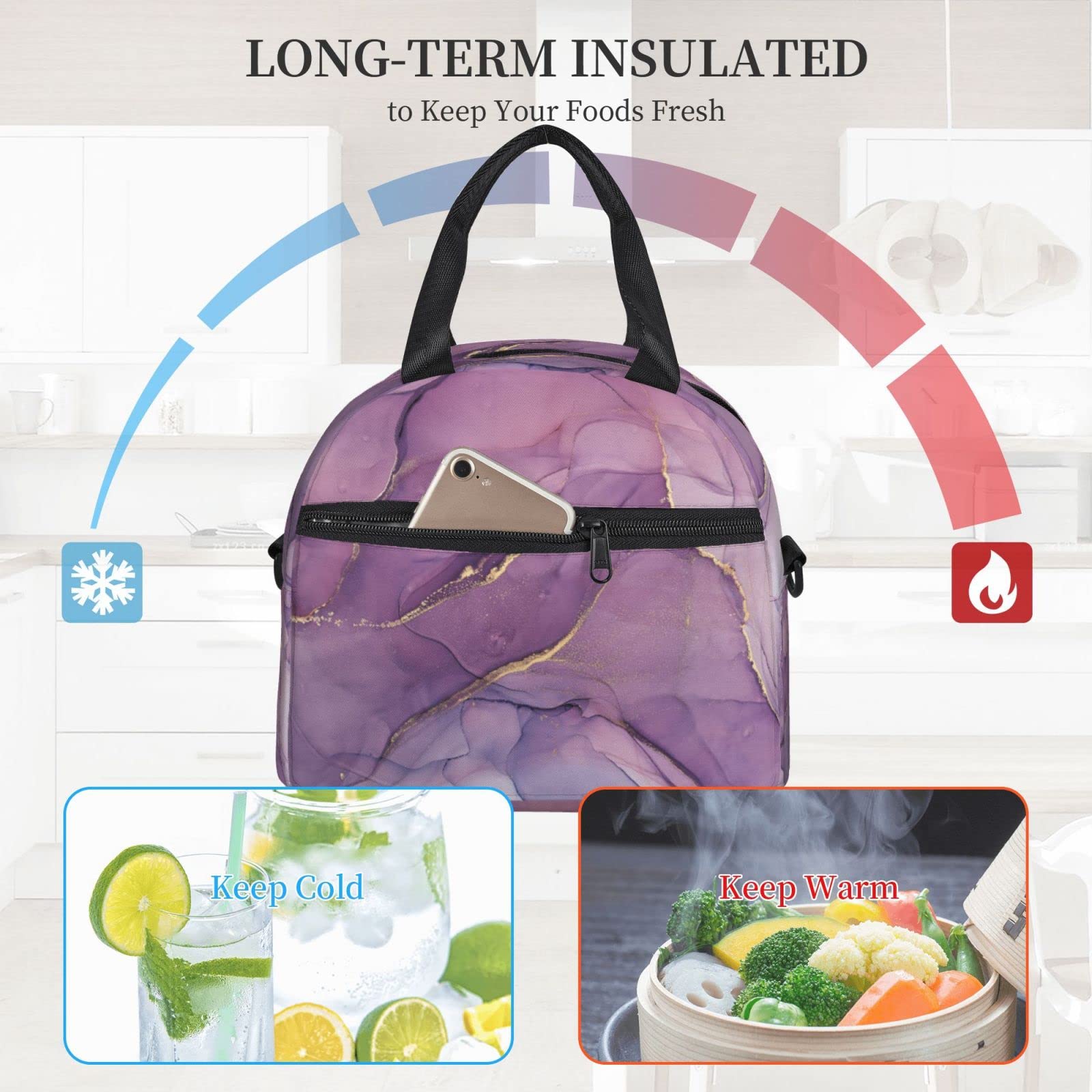 Purple Marble Lunch Bag Women Men Insulated Lunch Box With Adjustable Strap Zippered Lunch Tote Bag For Work Picnic Or Beach Water-Resistant Fabric With Exterior Pockets