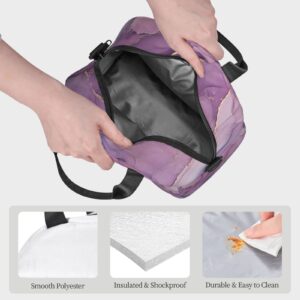 Purple Marble Lunch Bag Women Men Insulated Lunch Box With Adjustable Strap Zippered Lunch Tote Bag For Work Picnic Or Beach Water-Resistant Fabric With Exterior Pockets