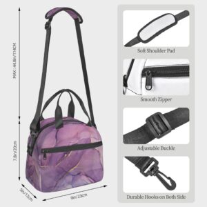 Purple Marble Lunch Bag Women Men Insulated Lunch Box With Adjustable Strap Zippered Lunch Tote Bag For Work Picnic Or Beach Water-Resistant Fabric With Exterior Pockets