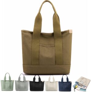 SANCABA Large Capacity Canvas Satchel Bag Tote Bags for Women,Shoulder Bag Multi-pockets Zipper Diaper Bag,Hobo Bag,Everyday Bag