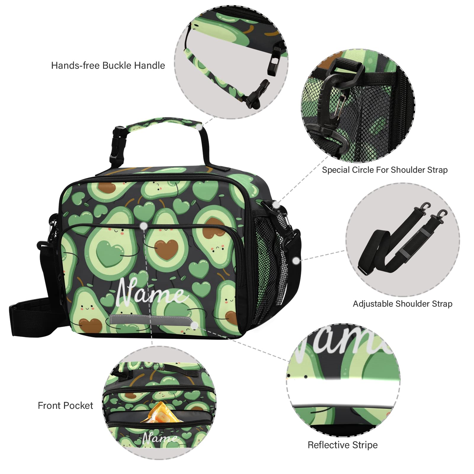 Glaphy Custom Cute Avocado Lunch Bag for Boys Kids, Personalized Your Name Lunch Tote Bags Insulated Lunch Box for Office Work School Picnic