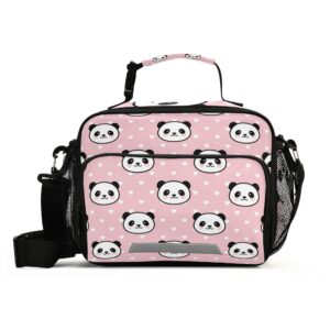 zoeo girls panda lunch box pink polka dot school kids lunch bag for teens snacks insulated cooler tote ice pack freezable, fits bento boxes, external bottle holder