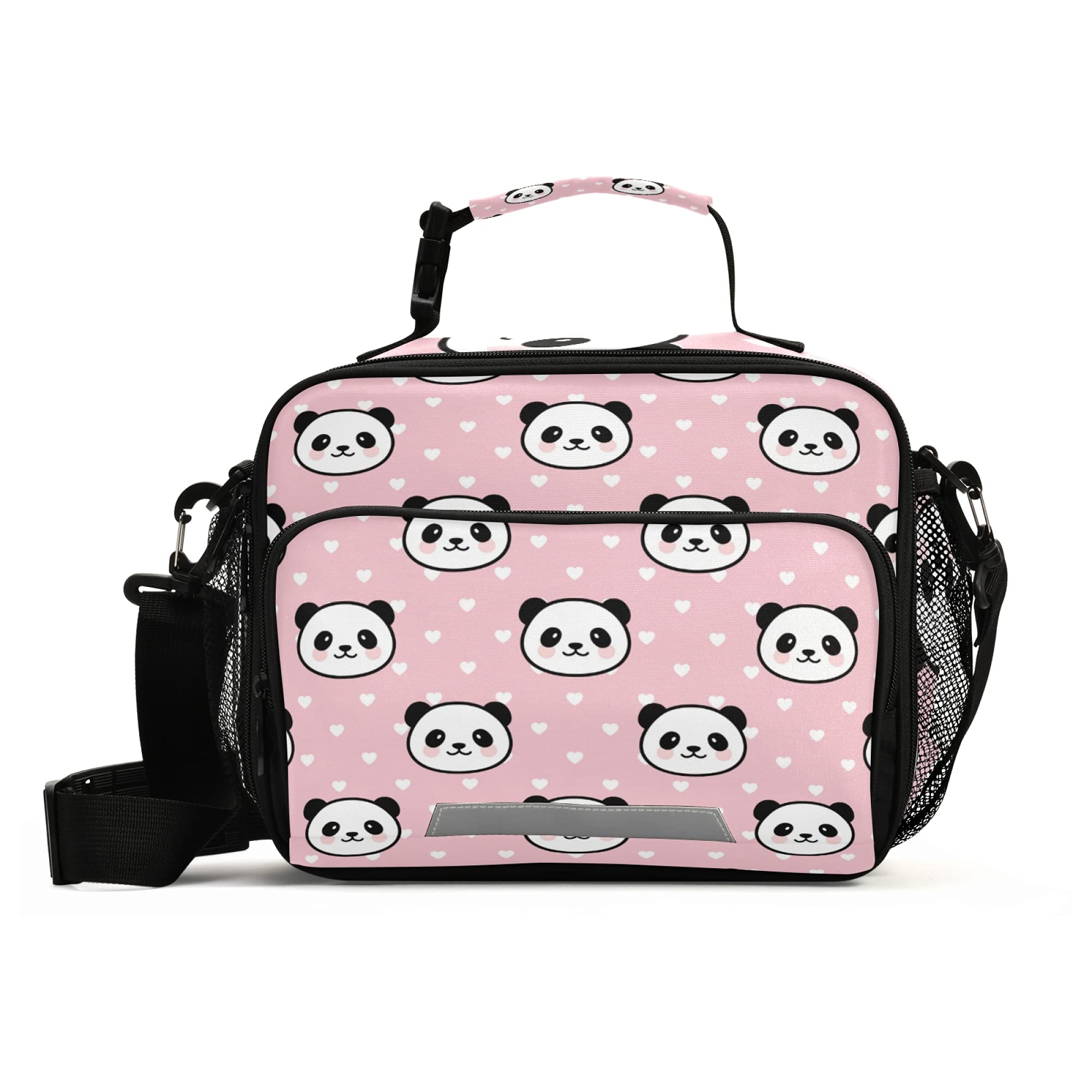 ZOEO Girls Panda Lunch Box Pink Polka Dot School Kids Lunch Bag for Teens Snacks Insulated Cooler Tote Ice Pack Freezable, Fits Bento Boxes, External Bottle Holder