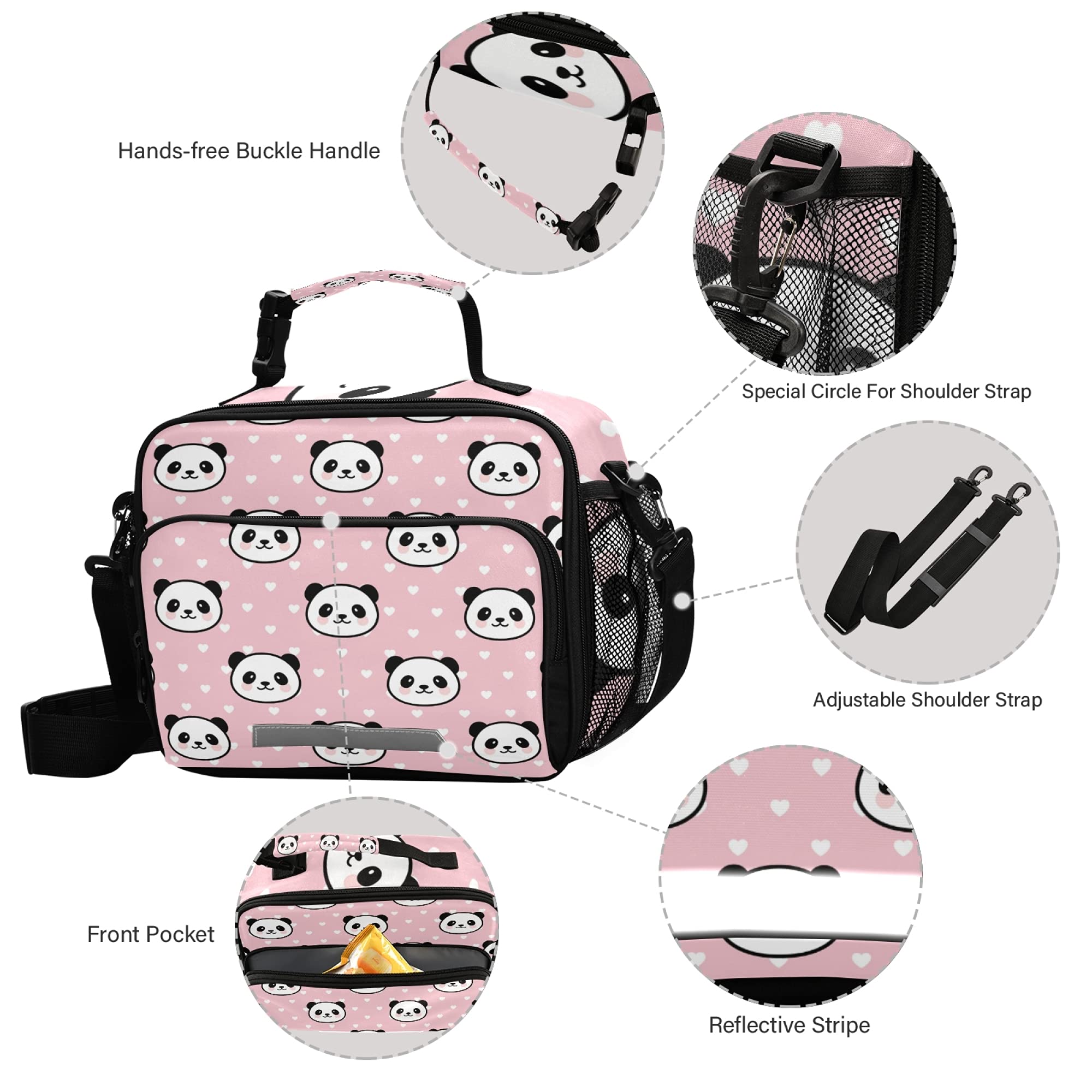 ZOEO Girls Panda Lunch Box Pink Polka Dot School Kids Lunch Bag for Teens Snacks Insulated Cooler Tote Ice Pack Freezable, Fits Bento Boxes, External Bottle Holder