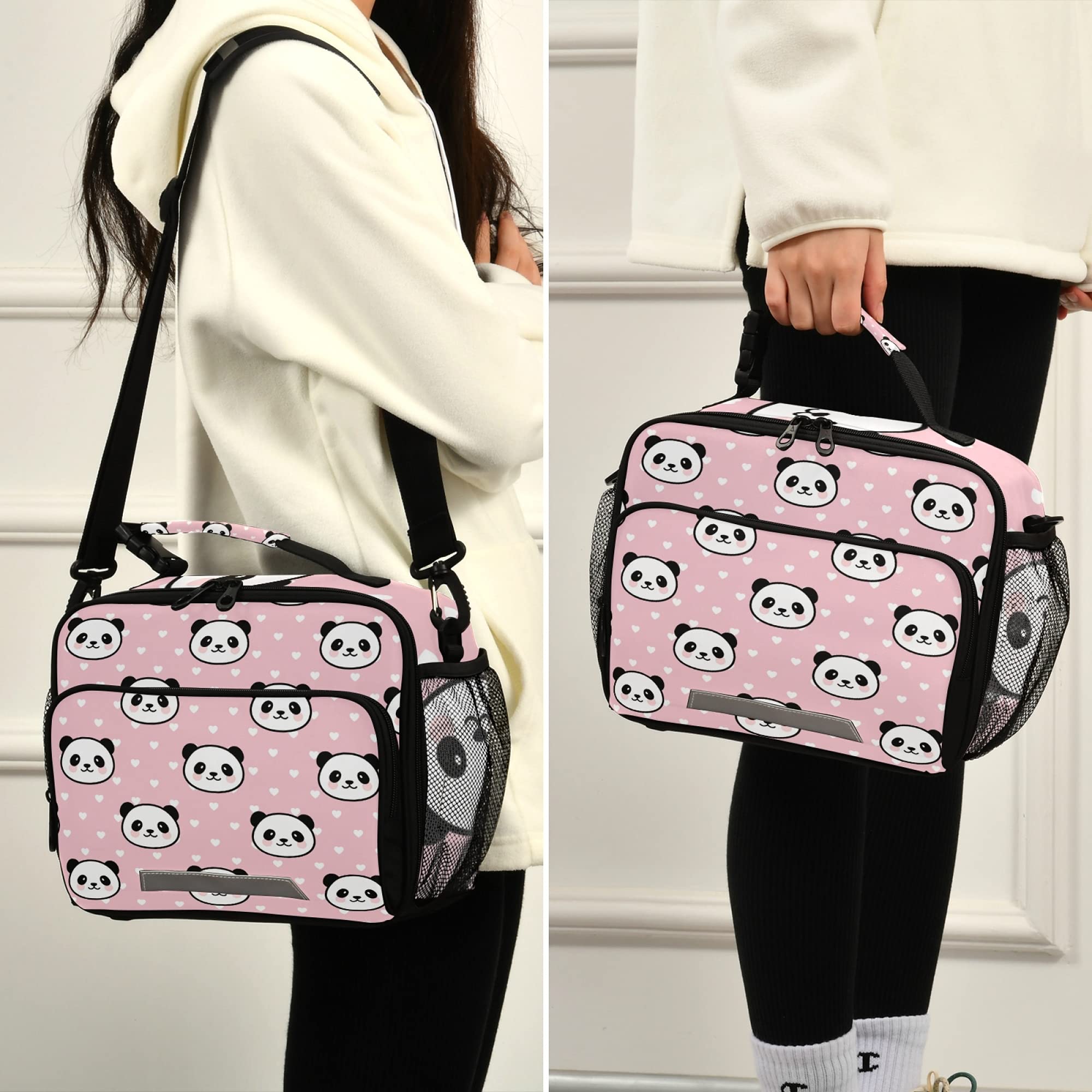 ZOEO Girls Panda Lunch Box Pink Polka Dot School Kids Lunch Bag for Teens Snacks Insulated Cooler Tote Ice Pack Freezable, Fits Bento Boxes, External Bottle Holder