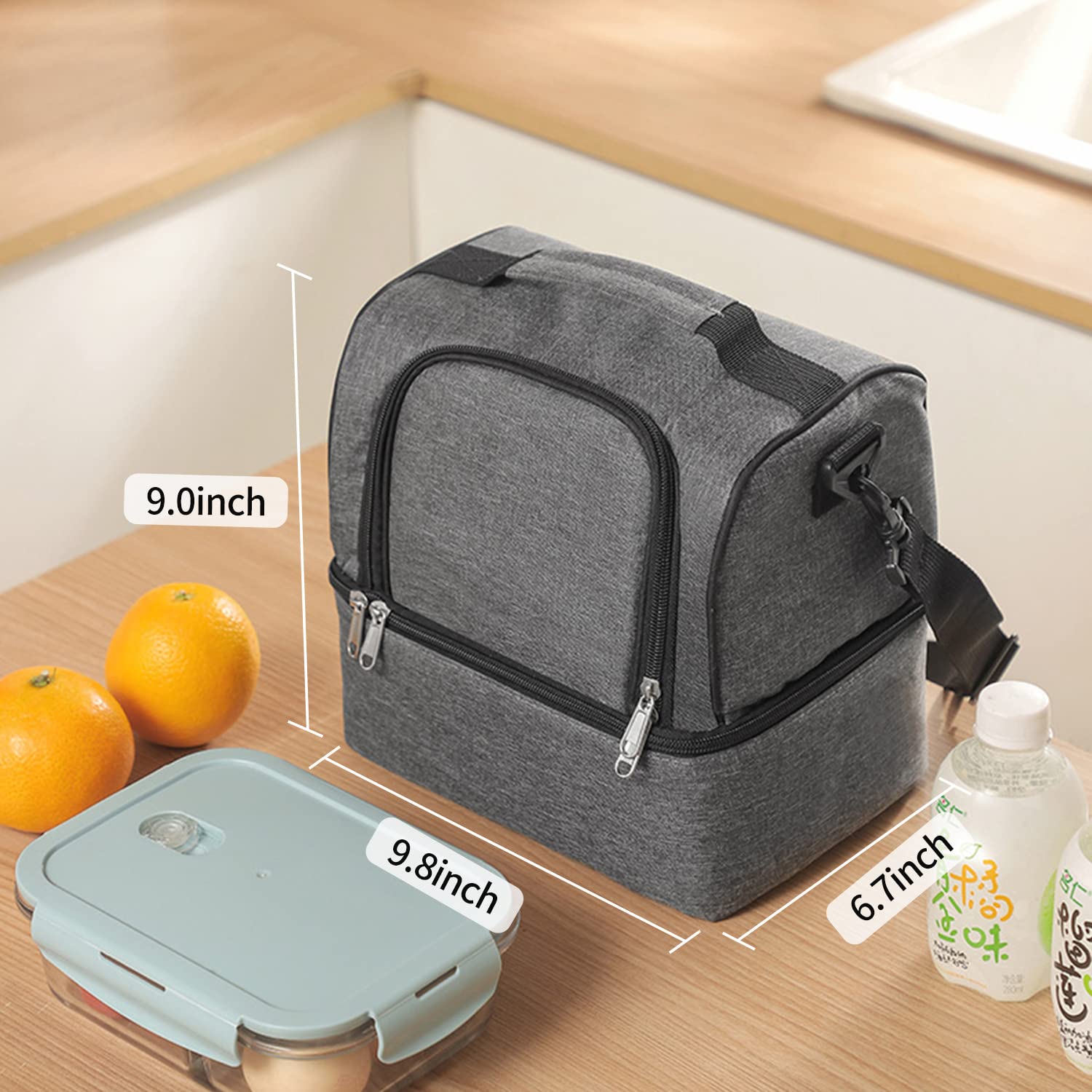 HANKLPH Double Layer Lunch Box for Women/Men, Insulated Lunch Bag Large Adults, Reusable Lunchbox Cooler Bag，Suitable for Work Picnic Hiking Beach (Grey)