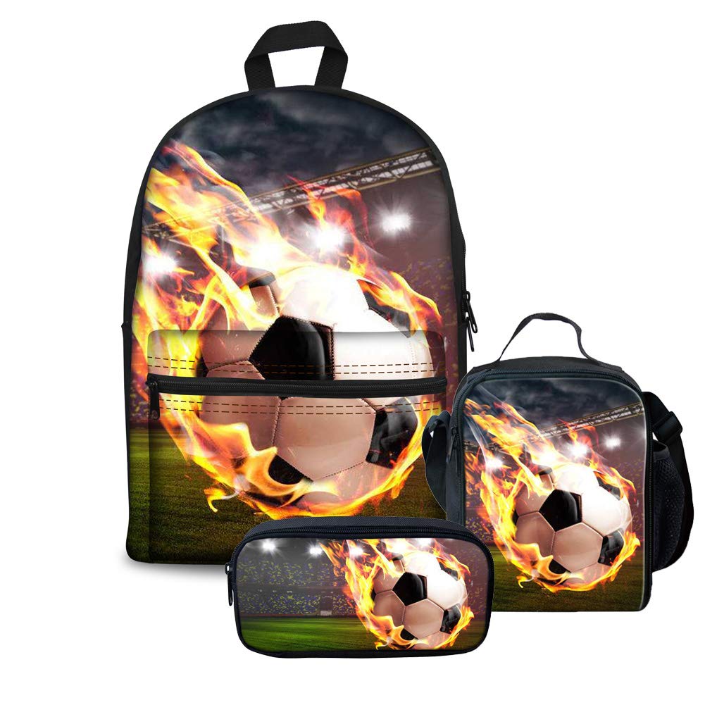 FOR U DESIGNS Backpack Set for Middle School 3 Pcs Fire Soccer Lunch Bags Children School Pencil Bag