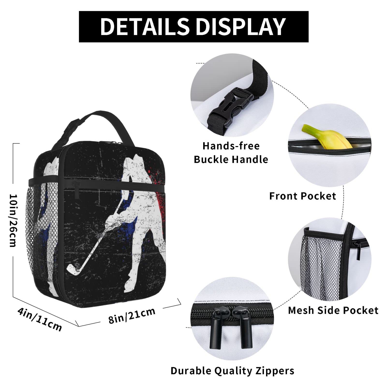 KiuLoam Insulated Lunch Box Vintage Ice Hockey Player Reusable Lunch Bag With Shoulder Strap For Women/Men/Girls/Boys Lunchbox Meal Tote Bag