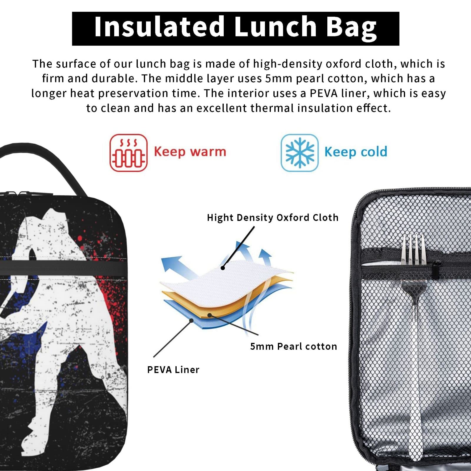 KiuLoam Insulated Lunch Box Vintage Ice Hockey Player Reusable Lunch Bag With Shoulder Strap For Women/Men/Girls/Boys Lunchbox Meal Tote Bag