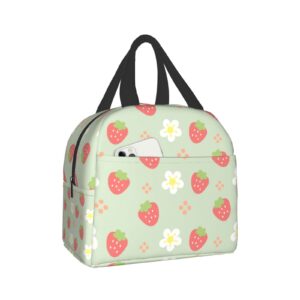 ucsaxue green strawberry and flowers lunch bag small insulated lunch box with front pocket aesthetic lunch bags for girls boys freezable bento box women men lunch boxes