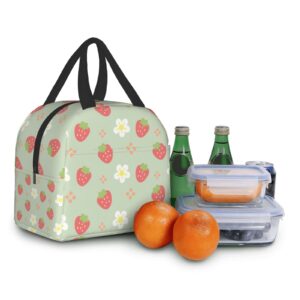 Ucsaxue Green Strawberry and Flowers Lunch Bag Small Insulated Lunch Box with Front Pocket Aesthetic Lunch Bags for Girls Boys Freezable Bento Box Women Men Lunch Boxes