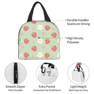 Ucsaxue Green Strawberry and Flowers Lunch Bag Small Insulated Lunch Box with Front Pocket Aesthetic Lunch Bags for Girls Boys Freezable Bento Box Women Men Lunch Boxes