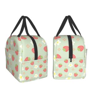 Ucsaxue Green Strawberry and Flowers Lunch Bag Small Insulated Lunch Box with Front Pocket Aesthetic Lunch Bags for Girls Boys Freezable Bento Box Women Men Lunch Boxes