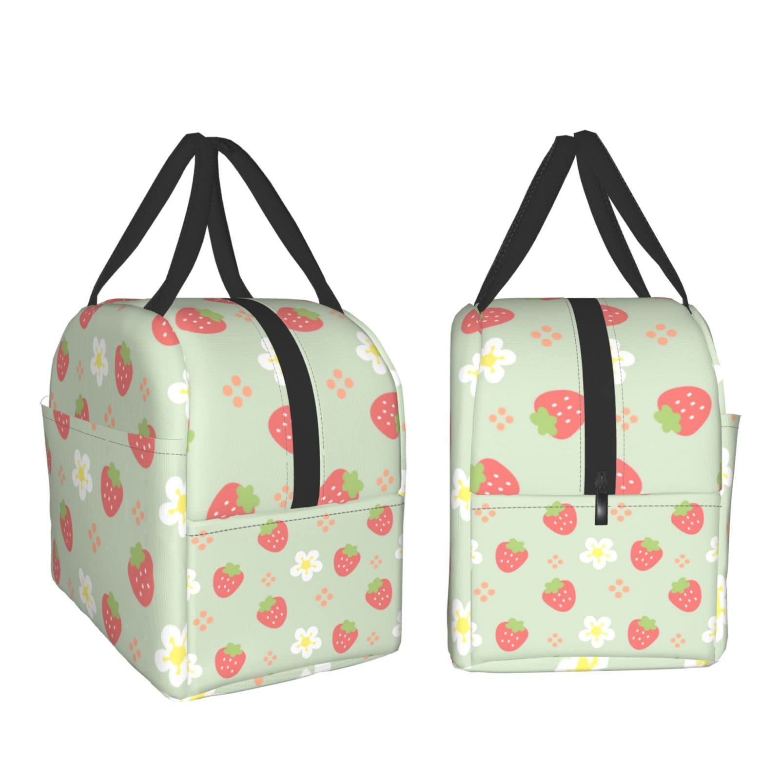 Ucsaxue Green Strawberry and Flowers Lunch Bag Small Insulated Lunch Box with Front Pocket Aesthetic Lunch Bags for Girls Boys Freezable Bento Box Women Men Lunch Boxes